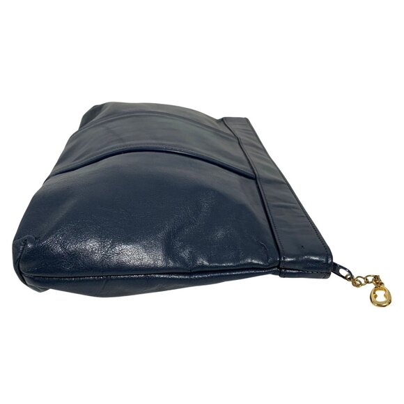 VTG 80s Blue Leather Clutch Handbag Gold Tone Hardware Top Zip Piping - Picture 4 of 9